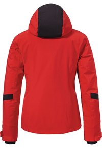 Rote wasserdichte Jacke mit schwarzen Akzenten an der Kapuze und den Ärmeln. Sie hat ein tailliertes Design, eine glatte Textur und elastische Bündchen für einen sicheren Sitz.