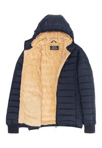 Giubbotto imbottito navy con cappuccio, caratterizzato da un morbido rivestimento in faux fur beige e polsini a costine. L'esterno presenta un motivo a quadri e chiusura con zip.