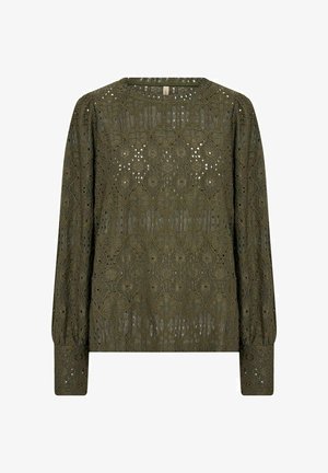 Lace långärmad topp i olivgrön med intrikata diamantmönster och öppna vävningar. Har en rund halsringning och åtsittande manschetter.