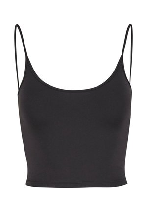 Svart, ermeløs crop top laget av glatt stoff. Har tynne spaghettistropper og scoop-hals, med en tettsittende design.