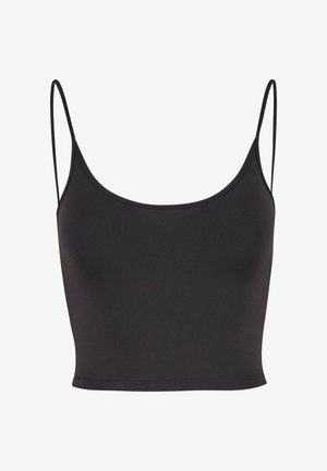 Black, sleeveless crop top made of smooth fabric. Features thin spaghetti straps and a scoop neckline, with a fitted design.