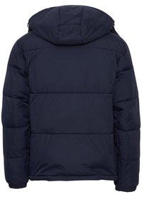 Marineblått boblejakke med hette, quiltet design og elastiske mansjetter. Glatt materiale med en lett skinnende overflate.