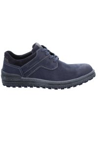Navy blue lace-up shoes with smooth leather material, contrasting stitching, and a textured black rubber sole for grip and durability.