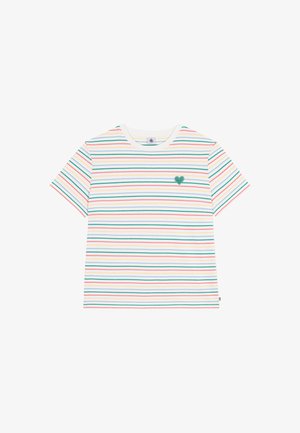 Striped t-shirt in white, featuring horizontal lines in orange, green, pink, and blue. Includes a green heart embroidery on the chest.