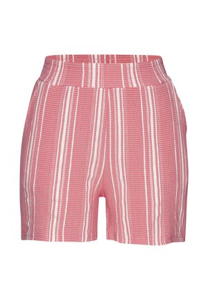 Pantalones cortos texturizados rosas con rayas blancas verticales y cintura elástica, diseñados para un ajuste cómodo.