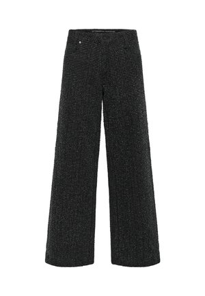 Pantalones de pierna ancha en tejido negro texturizado con hilo blanco. Presenta bolsillos en la parte frontal y un cierre de botón. Diseño de cinturilla plana.