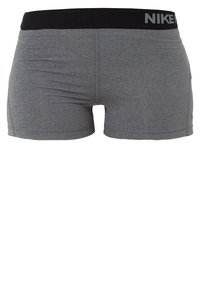 Szare spodenki sportowe z czarnym elastycznym pasem, z logo "NIKE" w jasnoszarym kolorze po prawej stronie.