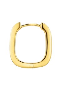 Goldfarbener metallischer rechteckiger Schlüsselanhänger mit abgerundeten Ecken, der eine glatte Oberfläche und eine Öffnung zur Befestigung aufweist. Polierte Oberfläche.