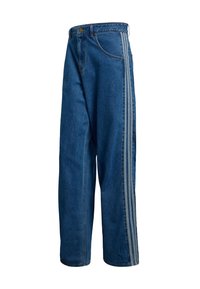 Jeans in denim blu con vestibilità ampia, caratterizzati da una banda laterale in una tonalità più chiara. Includono tasche e una chiusura con bottone in vita.