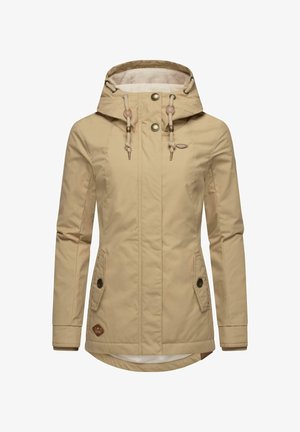Beige jacket with a hood, featuring a zip and snap closure, drawstrings, two side pockets, and a textured interior lining.
