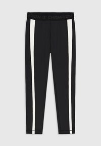 Leggings atléticos negros con una cinturilla negra con marca, que presentan rayas blancas a los lados y una tela suave y elástica.