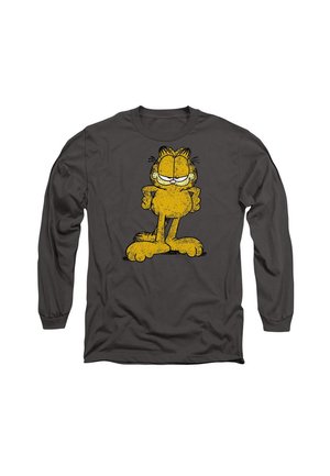 Langärmliges, dunkelgraues Hemd mit einer erschlafften gelben Cartoon-Katze, die einen schelmischen Ausdruck hat, die Arme verschränkt und große Pfoten.