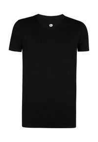 T-shirt noir à col en V en coton, avec des manches courtes et une coupe standard. Texture lisse avec une étiquette au niveau de l'encolure.