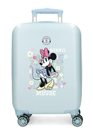 Maleta azul claro con ruedas que presenta a Minnie Mouse con un vestido azul de lunares y un lazo rosa, rodeada de patrones florales en tonos pastel.