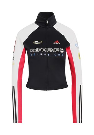 Crna jakna sa zipom, bijelim i crvenim rukavima, napravljena od rastezljivog materijala. Sadrži Adidas logotipe i tekst "adiPRENE" u podebljanom obliku.