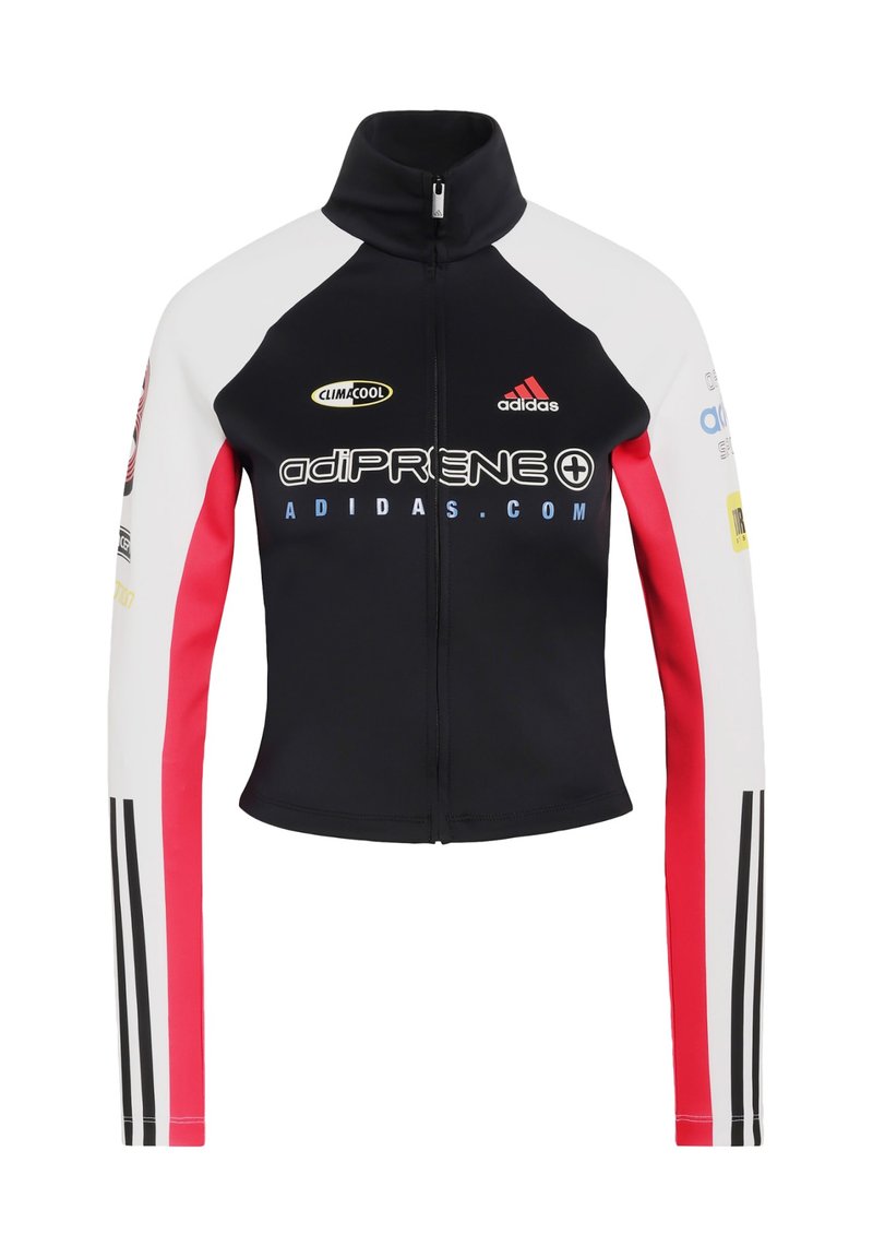 Sort zip-jakke med hvide og røde ærmer, lavet af strækbart materiale. Har Adidas-logoer og "adiPRENE"-tekst i fed skrift.