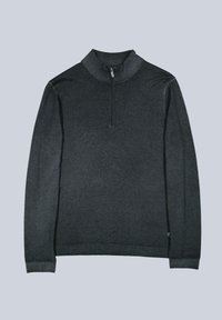 Dunkelgrauer Pullover mit halbem Reißverschluss und langen Ärmeln. Hergestellt aus einem glatten Strickstoff mit einer subtilen Textur.
