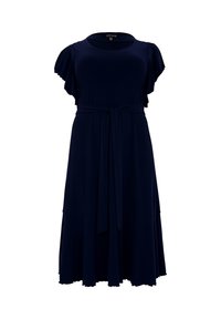 Navyblaues Kleid aus weichem, fließendem Stoff. Hat kurze, geraffte Ärmel, einen Taillengürtel und einen weit schwingenden Rock mit einem dezenten gewellten Saum.