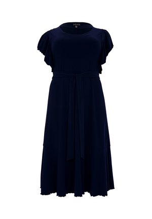 Navy blue dress made of soft, flowing fabric. Features short ruffled sleeves, a waist tie, and a flared skirt with a subtle scalloped hem.