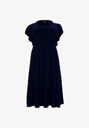 Navy blue dress made of soft, flowing fabric. Features short ruffled sleeves, a waist tie, and a flared skirt with a subtle scalloped hem.
