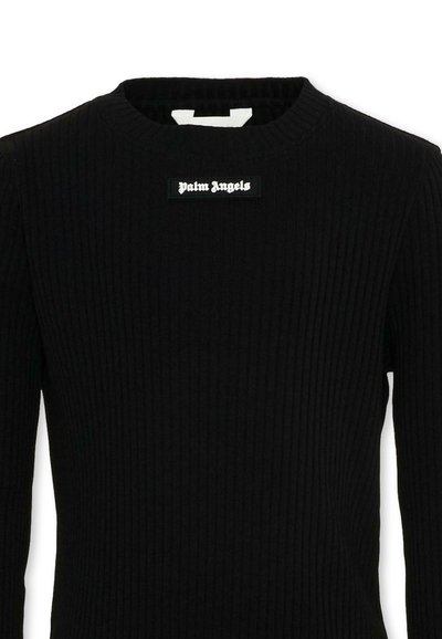 Pull noir à manches longues côtelé avec col ras du cou, arborant un petit patch logo rectangulaire Palm Angels centré sous le col.