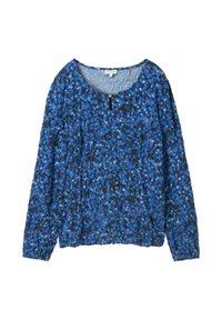 Bluse mit blauen Mustern, langen Ärmeln, Rundhalsausschnitt und Knopfdetail vorne. Leichter Stoff mit einer strukturierten Oberfläche.