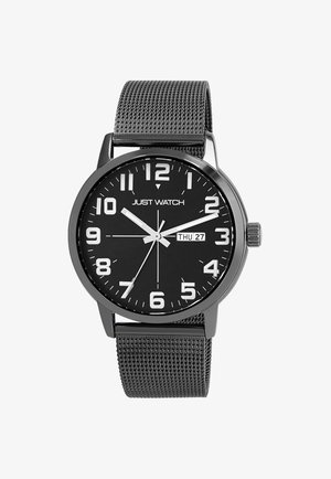 Black analog watch with a stainless steel mesh band. Features a round case, large white numerals, date display, and silver hour and minute hands.