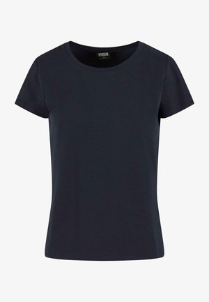 Mørkeblå bomull t-skjorte med korte ermer, rund halslinning, og et enkelt design. Glatt tekstur og ingen synlige mønstre eller detaljer.