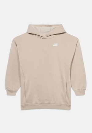 Sudadera con capucha beige de Nike con mangas largas, bolsillo canguro frontal, puños y dobladillo acanalados, y logo blanco de Nike en el pecho izquierdo.
