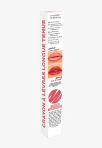 Prodotto per il contorno labbra e macchia in una scatola bianca alta e rettangolare con testo rosa, che mostra campioni del prodotto sulle labbra.
