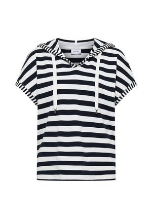 Sweat à capuche manches courtes à rayures horizontales noires et blanches avec cordons et une étiquette "CECIL" à l'intérieur du col.