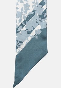 Blue-toned scarf featuring floral patterns in light gray and a textured finish, with a diagonal cut and contrasting solid color edge.