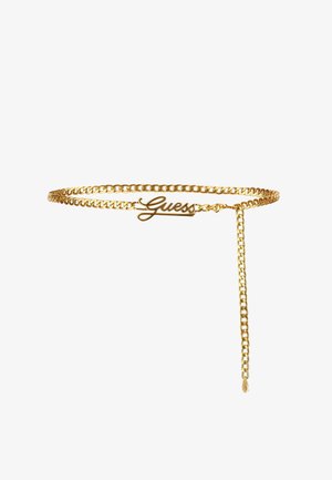 Curea din lanț auriu cu un logo delicat „Guess”. Designul include un lanț în două părți și un detaliu de lanț suspendat pentru un efect suplimentar.