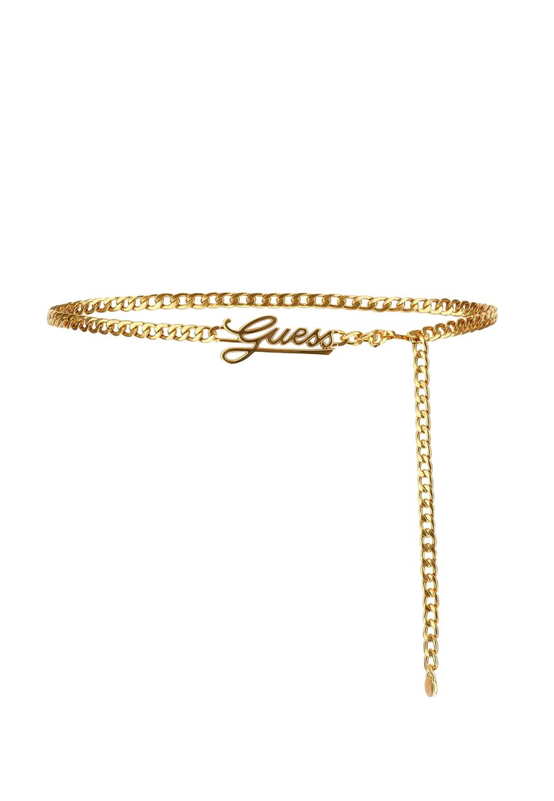 Gold chain belt featuring a dainty "Guess" logo. The design includes a two-part chain and a hanging chain detail for added effect.