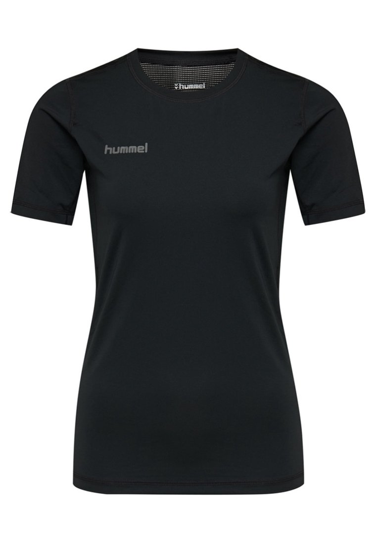 Svart kortärmad sport t-shirt med rund hals och "hummel"-logotyp på vänster bröst samt ventilerande mesh-detalj inuti kragen.