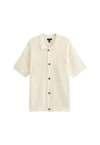Korte mouwen cardigan in crème, met een gestructureerde brei, een kraag, een zak aan de voorkant en bruine knopen aan de voorzijde.