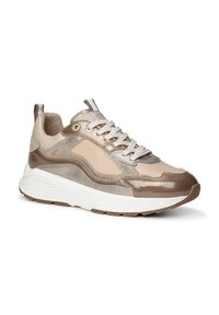 Beige and brown athletic sneakers with mesh and glossy accents, featuring a thick white sole and textured overlays. Round toe and lace-up design.