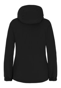 Veste noire à capuche avec manches longues et poignets élastiques, vue de dos sur fond blanc.
