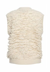 Crème-kleurige gebreide mouwloze sweater met een gemarmerd lusgarend patroon dat de hele achterkant bedekt.