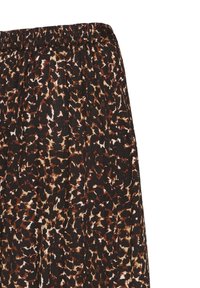 Jupe noire avec imprimé léopard abstrait marron et beige et taille élastique froncée.