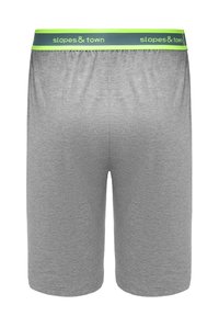 Shorts di cotone grigi con una cintura elastica che presenta una fascia logo verde e blu. Texture liscia e taglio alla ginocchia.