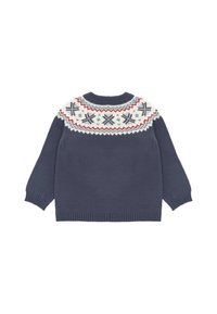 Jersey de punto azul marino con cuello redondo. Presenta un canesú estampado en blanco, rojo y verde, con diseños geométricos y puños de canalé.