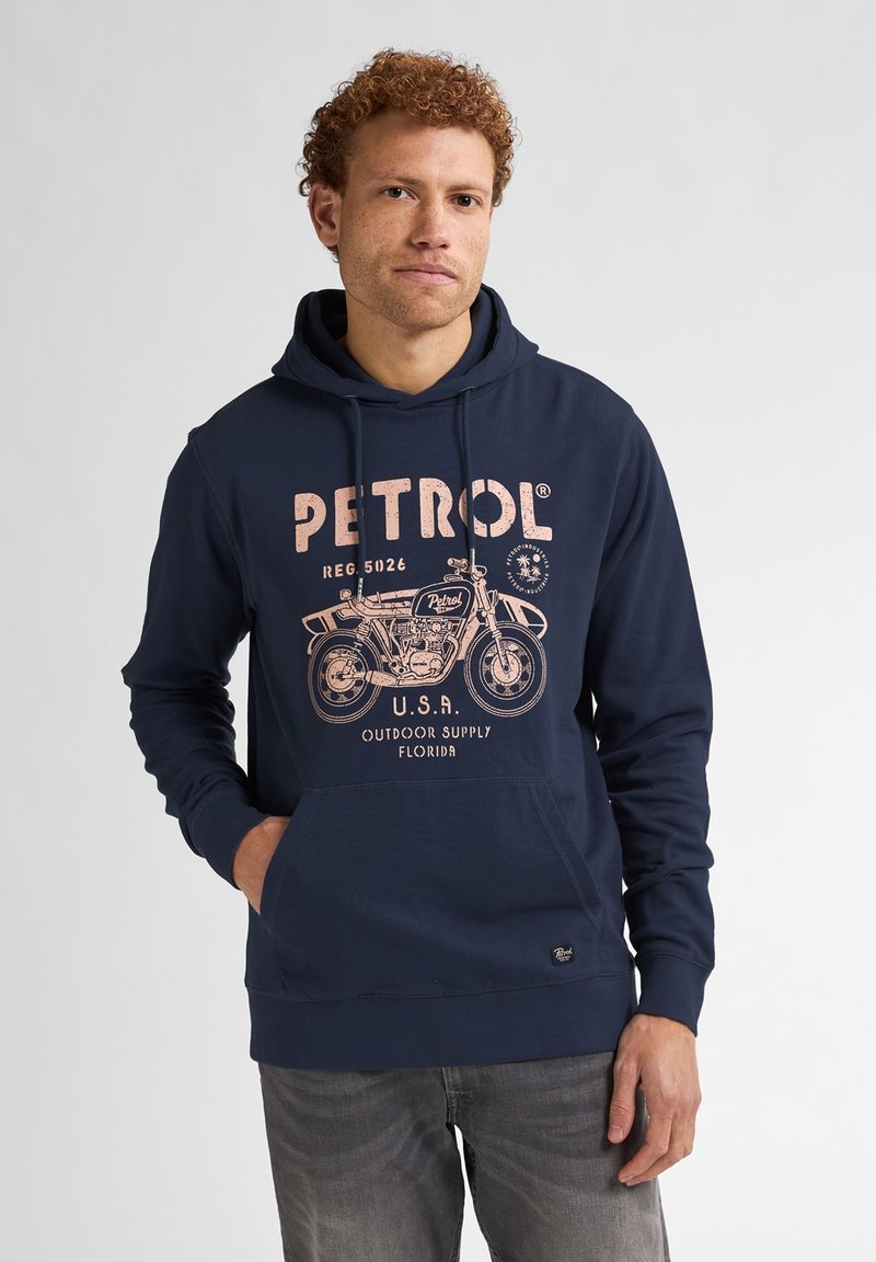 Marineblauwe hoodie van katoen, met een motorgraphic in lichtroze, een kangoeroezak en een verstelbare trekkoordenkap.