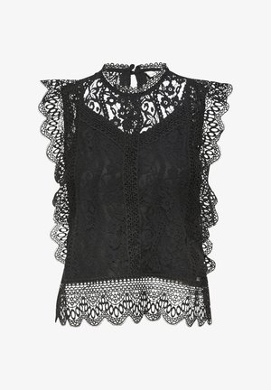 Czarna koronkowa bluzka z falbaniastymi rękawami i hemem, zdobiona wzorami kwiatowymi i z zapięciem na guziki z tyłu. Skomplikowana faktura w całej bluzce.
