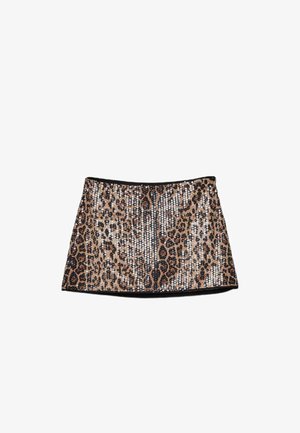 Mini skirt with leopard print covered in shiny silver sequins, displayed flat on a white background.