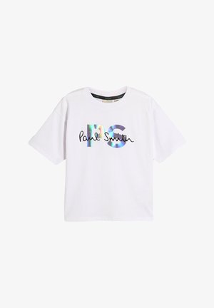 Balta medvilninė marškinėliai su trumpomis rankovėmis, su holografiniu „PS“ logotipu ir juodu ranka rašytu „Paul Smith“ dizainu.