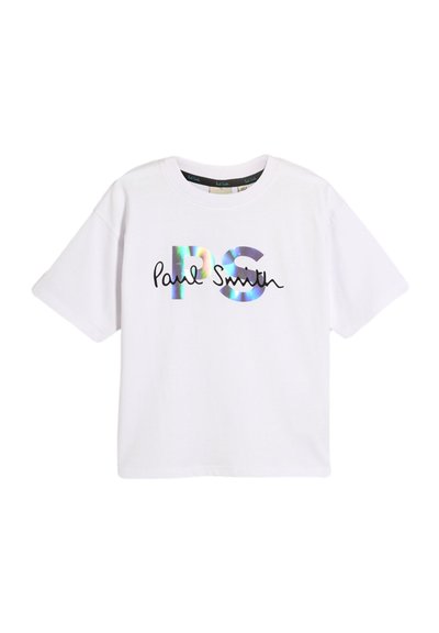Balta kokvilnas t-krekls ar īsām piedurknēm, ar hologrāfisku "PS" logotipu un melnu rokraksta dizainu "Paul Smith".