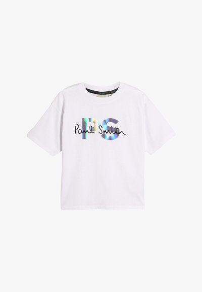 Balta kokvilnas t-krekls ar īsām piedurknēm, ar hologrāfisku "PS" logotipu un melnu rokraksta dizainu "Paul Smith".
