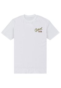 Bílé bavlněné tričko s krátkými rukávy, s zeleným a hnědým logo "Castrol" na levé části hrudníku. Standardní design s kulatým výstřihem.