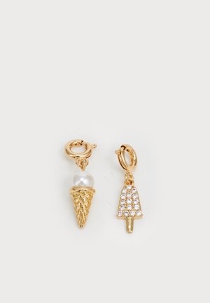 Gold-tone earrings featuring an ice cream cone with a pearl and a popsicle adorned with rhinestones, both hanging from a hoop closure.